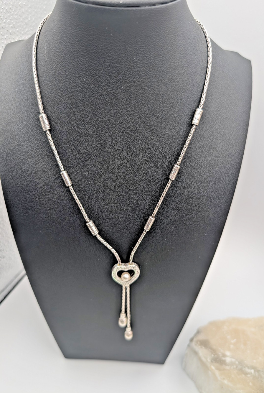 Brighton Sorority Row Silver Tone Lariat Heart Necklace Faux Pearl Adj